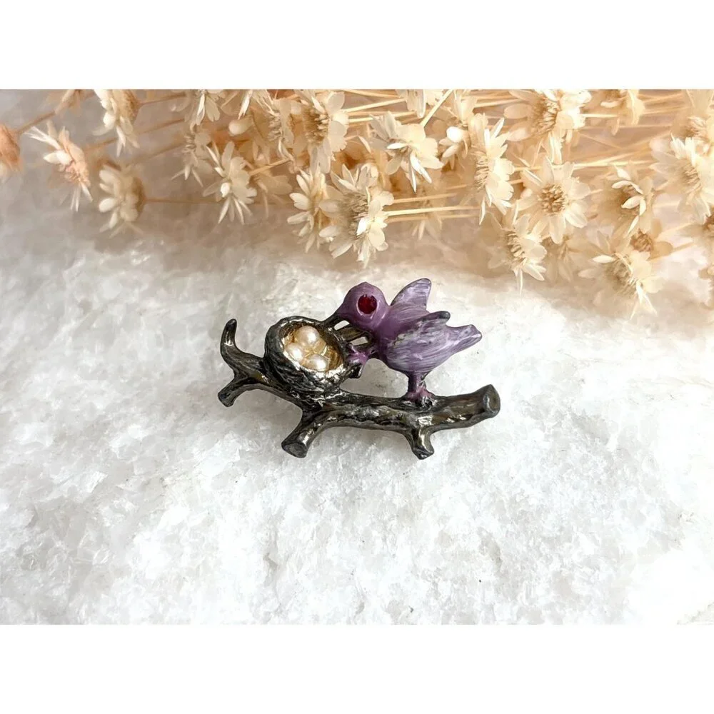 Lavender Perched Bird Figural on Branch with Eggs Costume Jewelry Brooch